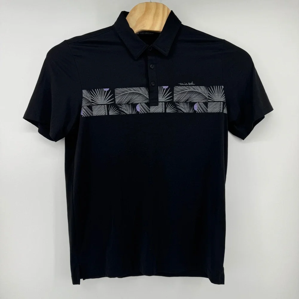 TravisMathew Mens Large Black Palm Leaf Graphic Short Sleeve Performance Polo